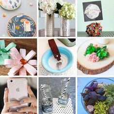 there are many different pictures with flowers and things to do on the table in this collage