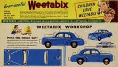 an advertisement for the weetabix workshop, with blue car and woman in background