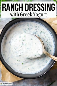 Ranch dressing in black bowl with serving spoon. Title: Ranch Dressing with Greek Yogurt Greek Yogurt Ranch Dressing, Healthy Ranch Dressing, Yogurt Ranch, Yogurt Ranch Dressing, Greek Yogurt Ranch, Ranch Dressing Recipe Homemade, Greek Yogurt Dressing, Homemade Greek Yogurt, Healthy Greek Yogurt