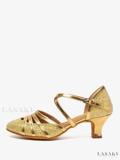 Lasaky - Premium Ballroom Dance Shoes - Elegant Gold Round Toe Design with Buckle for Latin Dance Summer Dance Shoes With Round Toe, Party Dance Shoes With Heel Strap And Round Toe, Fitted Wedding Shoes With Round Toe For Dance, Elegant Closed Toe Dance Shoes For Dance Class, Fitted Round Toe Heels For Dance Class, Gold Low Heel Dance Shoes For Party, Gold Heels For Dance, Dance Heels With Heel Strap And Round Toe, Pointed Toe Dance Shoes With Heel Strap