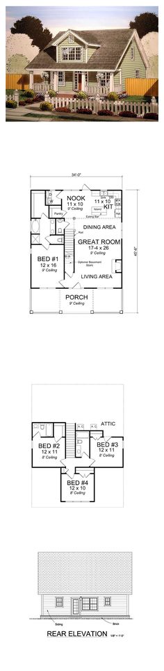 two story house plans with garage and living room on the first floor, one bedroom is above