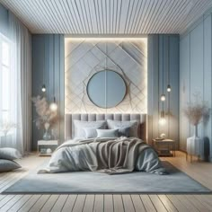 a bedroom with blue walls and wooden flooring has a round mirror above the bed