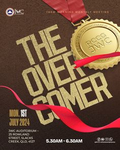 an event poster for the over - comer contest with a medal and ribbon on it