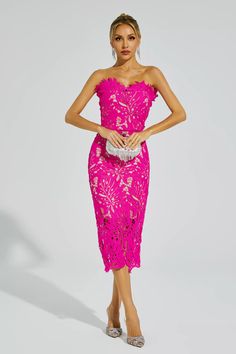 The Jazlyn Rose Red Floral Lace Midi Dress is the perfect finishing touch to any outfit. Its lace fabric and midi length create a classic and timeless look, while the strapless design makes it ideal for any special occasion. Enjoy a sophisticated, feminine finish all night long. Simply complete the look with heels.  Dress Length: Approx 113cm Materials: Polyester Gentle Dry Clean Only  The model is 5 ft 74 and wears size S  Color may vary due to lighting on images. The product images (without a Formal Garden Party Dress, Event Clothes, Colorful Midi Dress, Beach Formal, Glitter Wedding Dress, Guatemala Travel, Heels Dress, Garden Party Dress, Bandage Midi Dress