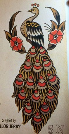 an old book with a peacock and flowers on it