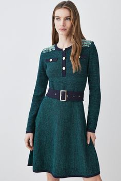 Cut And Sew Tweed Panel Long Sleeve Skater Mini Dress Mini Skater Dress, Work Wear Women, Karen Millen, Dress Cuts, Sleeve Detail, Green Fashion, Fashion Face, Green Dress, Knit Dress