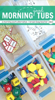 some plastic containers filled with different colored cubes and numbers on top of each other