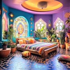 a bedroom with colorful walls and flooring is pictured in this artist's rendering