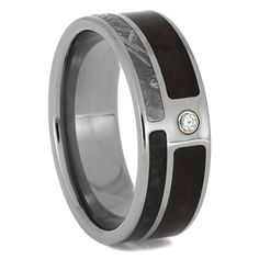 men's wedding band with black wood and white diamond inlay