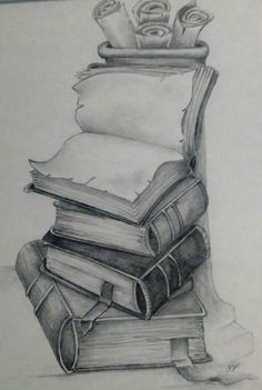 a pencil drawing of books stacked on top of each other with an open book in the middle