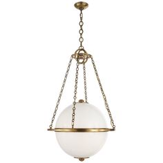 a light fixture hanging from the ceiling with chain around it and a white glass ball on top