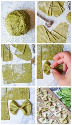 the process for making homemade ravioli with spinach leaves and pesto sauce is shown