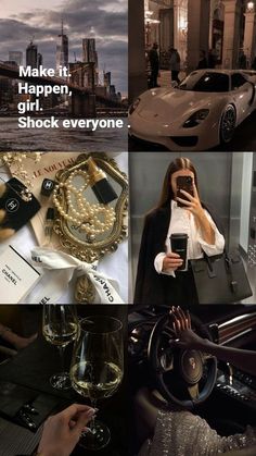 a collage of photos with women and cars in them, including a woman holding a cell phone