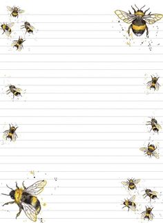 bees on lined paper with watercolors in the middle and yellow spots around them