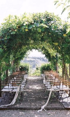 an outdoor ceremony set up with chairs and greenery