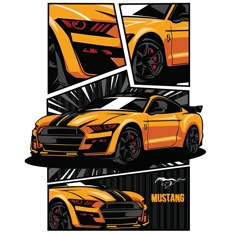 an orange sports car is shown in three different angles, with the word mustang on it