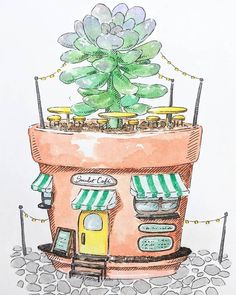 a drawing of a potted plant on top of a building with awnings