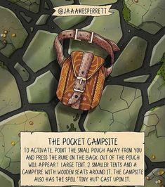 an illustration of a bag with the words pocket campsite written on it and another sign that says,