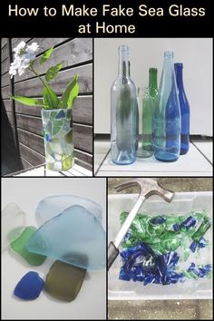 four different pictures showing how to make fake sea glass at home, including vases and bottles