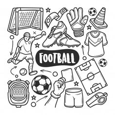 the word football surrounded by various sports related items, such as gloves and soccer balls