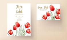 two wedding cards with red tulips on them