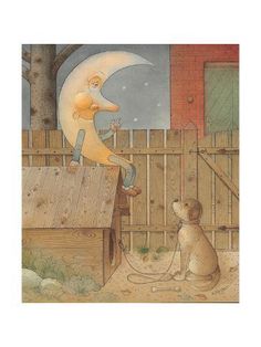 a painting of a dog looking at a cat on top of a roof with the moon in the background