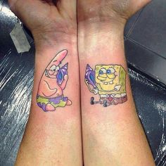 two people with matching tattoos on their arms, one has spongebob and the other has