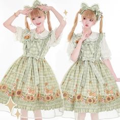 Step into a world of enchanting cuteness with our Sweet Kitty and Sunflowers Print Green Plaid Pattern Lolita Dress. This delightful dress features a charming combination of playful kitty and vibrant sunflower prints set against a classic blue plaid background. The design exudes a whimsical yet elegant vibe, perfect for any Lolita fashion enthusiast.  Sweet kitty and sunflower motifs bring a touch of playful charm. Timeless green plaid pattern adds a traditional Lolita aesthetic. Perfect for tea Fairy Kei Short Sleeve Spring Dress, Fairy Kei Dresses For Summer Garden Party, Cute Summer Dresses With Floral Patchwork, Cute Floral Patchwork Summer Dress, Whimsical Floral Print Dress With Short Sleeves, Kawaii Ruffle Dress For Garden Party, Sweet Green Sleeveless Dress, Cute Green Ruffled Dresses, Cute Green Dresses With Ruffles