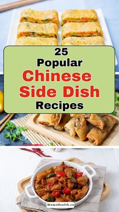 some food that is on top of a wooden tray and in front of the words 25 popular chinese side dish recipes