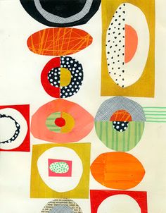 an abstract painting with circles, dots and lines on white paper that has been cut into smaller shapes