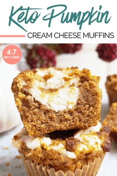 two muffins stacked on top of each other with the words keto pumpkin cream cheese muffins