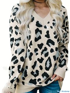 Orcajump - Leopard Pattern V Neck Pullover Sweater, Causal Long Sleeve Drop Shoulder Sweater For Fall & Winter, Women's Clothing Leopard Print Long Sleeve Sweater For Winter, Casual Leopard Print Sweater, Winter Leopard Print Crew Neck Sweater, Long Sleeve Leopard Print Winter Sweater, V Neck Pullover, Cheap Leopard Print V-neck Tops, Drop Shoulder Sweater, Drop Shoulder Sweaters, Leopard Pattern