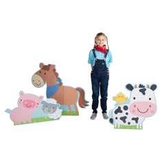 An easier (and cleaner) alternative to bringing actual farm animals to a party as decoration, these fun stand-ups feature colorful drawings of farm animals including a horse, cow, pig and more. Great as animal-themed birthday party decorations, these stand-ups work well as stand alone party decorations or as photo booth decorations. Corrugated cardboard. (3 pcs./set) Horse, 38 3/4" x 34 1/2"; cow, 26 1/2" x 25 1/4"; pig, 34" x 19 3/4". Stand-ups are one-sided with brown cardboard backs. Sim Drawings Of Farm Animals, Photo Booth Decorations, Animal Themed Birthday Party, Animal Party Favors, Farm Animal Party, Animal Cutouts, Barnyard Birthday, Farm Birthday Party, Cardboard Cutout