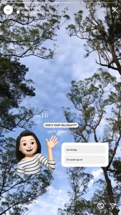 an animated girl with her hand up in the air and trees behind her, looking up into the sky