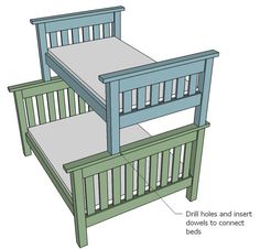 the plans for a twin bed frame are shown in blue and green, with instructions on how to build them