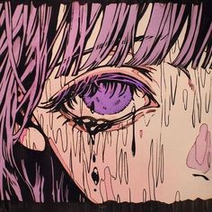 a drawing of a woman's face with purple eyes and tears on her cheek