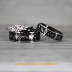 Sun and Moon Rings, Sun and Moon Wedding Rings, Sun and Moon Wedding Bands, Sun and Moon Jewelry, Couple Rings, Matching Couple Rings Black Symbolic Jewelry For Promise, Engraved Moon Shaped Jewelry For Wedding, Crescent Moon Phase Wedding Jewelry, Engraved Moon Shaped Wedding Jewelry, Symbolic Black Jewelry For Wedding, Symbolic Black Wedding Jewelry, Wedding Jewelry With Sun And Moon Design, Black Moon Jewelry With Sun And Moon Design, Elegant Sun And Moon Design Jewelry For Promise Occasion