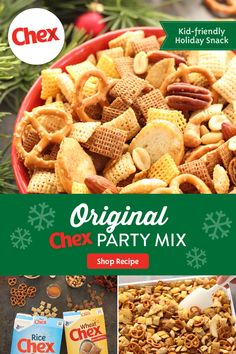 the original chex party mix is shown in three different pictures, including nuts and pretzels