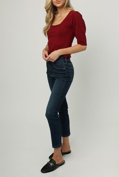 Puffed short sleeve top with a low neckline for a flirty but still classy look. Solid color yarn on standard fit. Body length from HPS: 23", Cuff height: 2 1/2", Bust: 35" (Size Small) 60% COTTON 30% NYLON 10%¬¨¬®‚Äö√Ñ‚Ä†WOOL Machine wash cold, Dry flat Imported Classic Fitted Puff Sleeve Top, Elegant Stretch Puff Sleeve Top With Short Sleeves, Fitted V-neck Puff Sleeve Top, Fitted Cropped Puff Sleeve Top For Fall, Fall Cropped Fitted Puff Sleeve Top, Chic Fitted Puff Sleeve Top With Crew Neck, Fitted Short Sleeve Puff Sleeve Top For Workwear, Stretch Short Sleeve Puff Top For Work, Fitted Short Sleeve Puff Top For Work