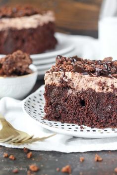 a piece of chocolate cake on a white plate