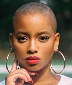 Bald Cuts For Black Women, Buzzcut Women Black, Womens Scalp Tattoo, Shaved Head Black Women, Black Women Buzzcut, Buzzcut Black Women, Buzz Cut Women Black, Shaved Head Round Face, Red Bald Head Black Women