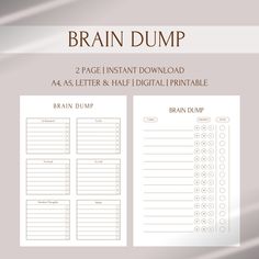 the brain dump printable worksheet is shown on a gray background with text