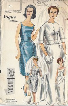 ~ Circa/Date: EARLY 1960s ~ Details:    Two style variation WEDDING DRESS with JACKET and includes TRAIN by VOGUE  ~ Size/Measurements (Inches):     ~ Size: 16      ~ BUST: 36″     ~ Waist: 28″      ~ Hip: 38″ ~ Please Note: ~ You are buying a 'Professional Reproduced' copy of this sewing pattern. Copied from the original sewing pattern. Produced in Full Scale Pattern Pieces ready to cut with full instructions included. Reproduced on high quality 50 gm paper with black ink, durable and easier for reuse. Printed by a Professional Printing Company.   ~ With this product comes an accompanying 'Booklet' and inside the Booklet it includes: ~ A 2-page Instructions and Illustrations on 'How to Adjust Your pattern to your Personal Measurement.' ~ Personal Measurement Chart ~ Body Form Illustration Vintage Wedding Dress Sewing Patterns, 1960s Wedding Dress, Wedding Dress Jacket, Wedding Dress Sewing Patterns, Gown Sewing Pattern, 1960s Wedding, Vintage Vogue Sewing Patterns, Vogue Vintage, Sewing Wedding Dress