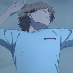 an anime character with his arms up in the air and one hand on his head