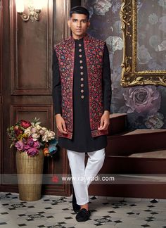 Reception Wear Flower Print Indowestern In Black Color... Printed Sherwani For Men, Long Koti Kurta For Men, Men Reception Wear Indian, Men Indowestern Wear, Kurta Koti, Koti Design, Koti Jacket