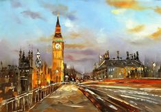 an oil painting of big ben and the houses of parliament in london, england at dusk