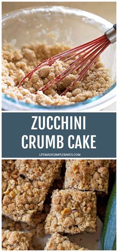 zucchini crumb cake in a glass bowl with a whisk