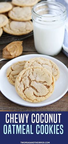 soft peanut butter cookies on a white plate next to a glass of milk