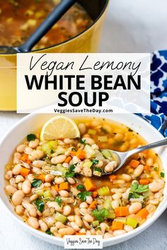 vegan lemony white bean soup in a bowl with a spoon