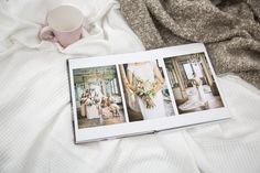 an open photo book with pictures of brides